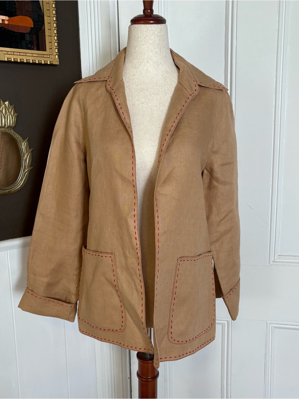 Anne Klein New York Tan Linen Blend Jacket Red Contrast Stitching Size Small